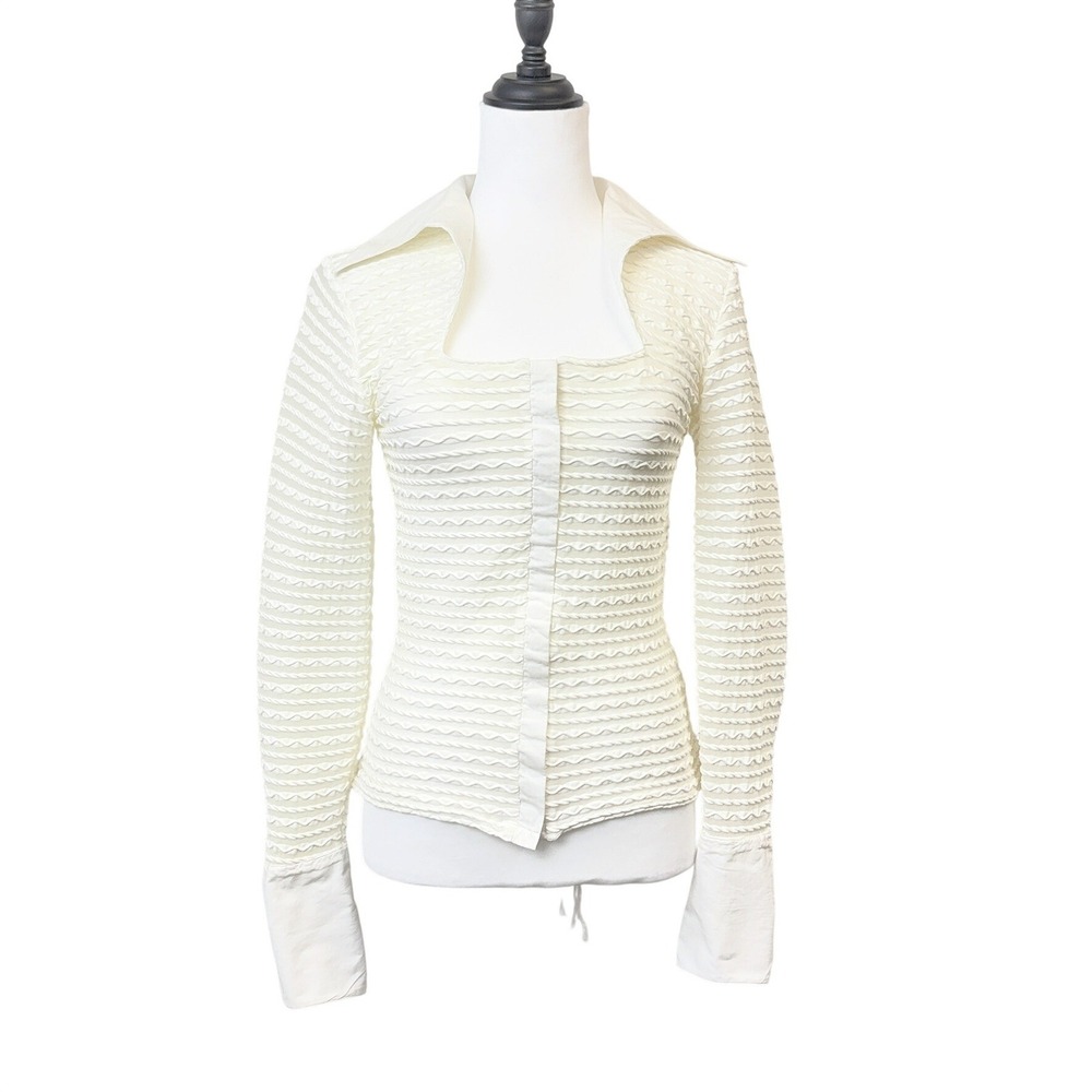 VTG y2k Rayure Paris France Textured Cream Square Neck Blouse Top Avant Garde